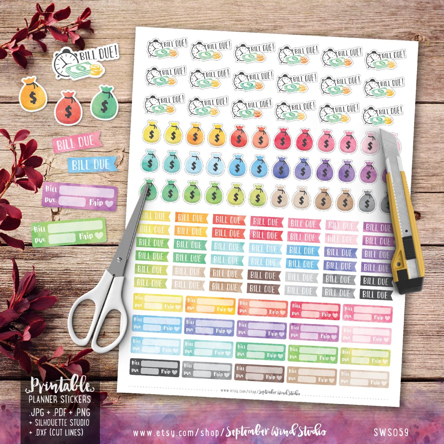 bill-due-printable-planner-stickers-watercolor-bill-due-stickers-payday-stickers-erin-condren-planner-stickers-cut-files-etsy