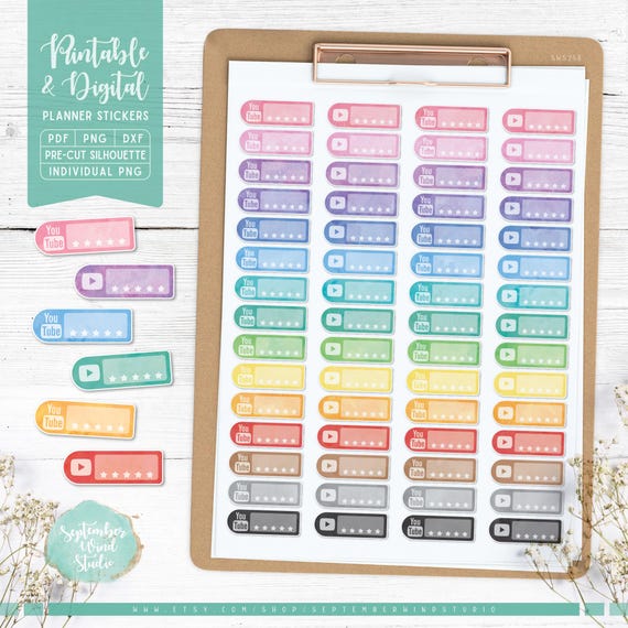 Youtube Planner Stickers: Printable & Digital (PDF, Cricut PNG, Silhouette Studio, Pre-Cropped PNG for Goodnotes)