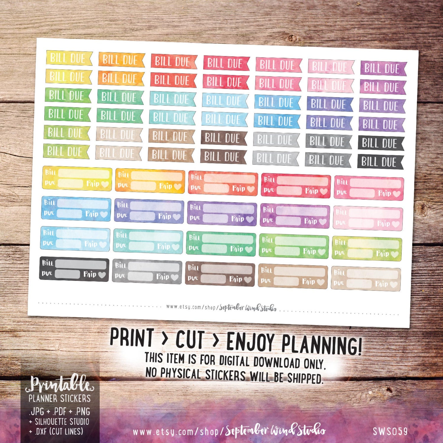 Bill Due Printable Planner Stickers Watercolor Bill Due | Etsy