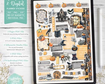 Creepy Halloween Planner Stickers, Weekly Kit (Printable PDF, PNG)