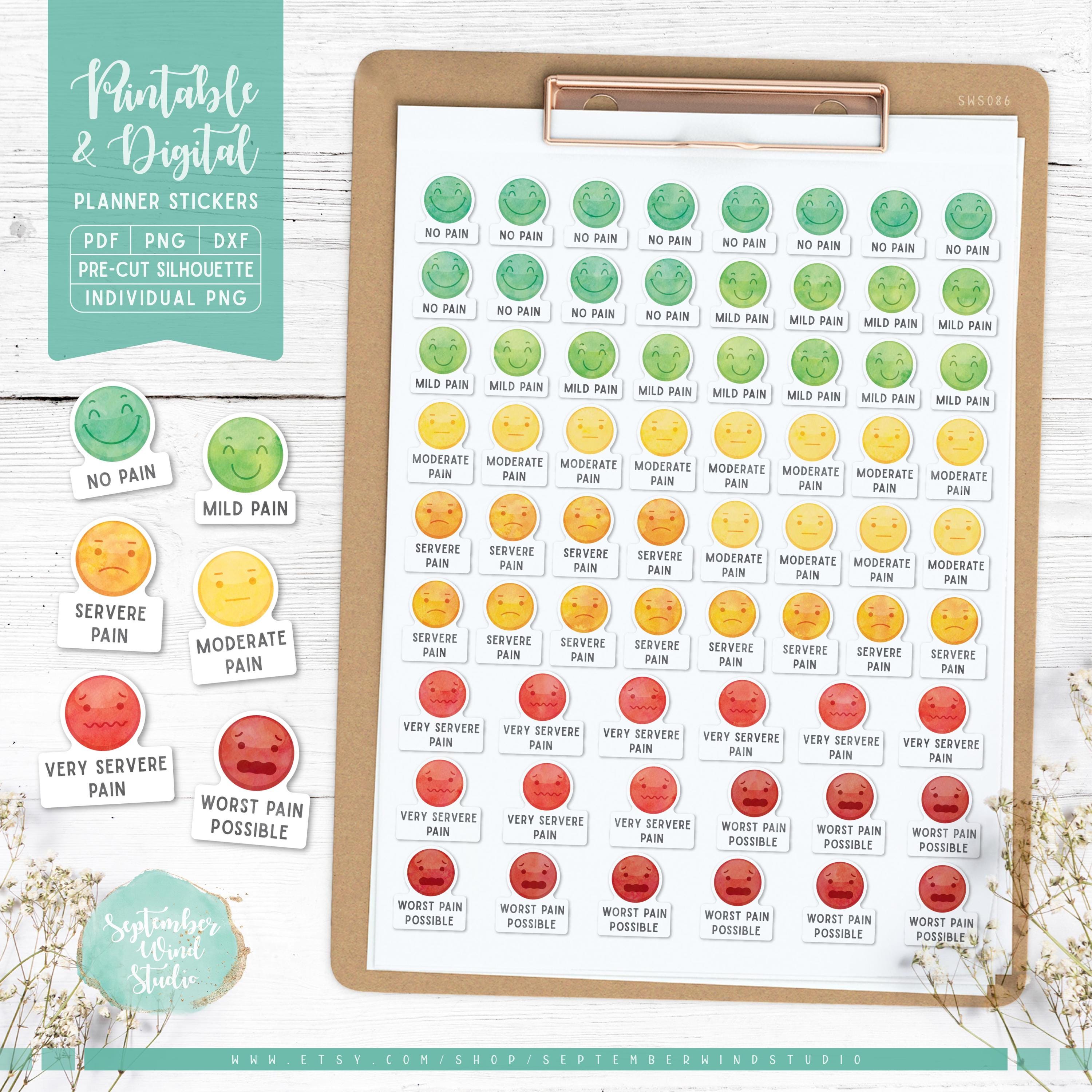 Pain Measurement Stickers: Printable & Digital (PDF, Cricut, Silhouette ...