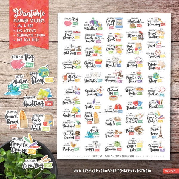 March Wacky Holidays Printable Planner Stickers, Watercolor Stickers, Holiday Printable Stickers, Cut File