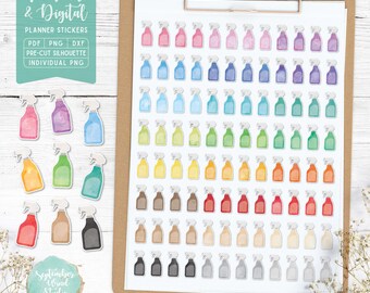 May include: A sheet of printable planner stickers featuring watercolor spray bottles in various colors. The stickers are pre-cut and come in individual PNG files.