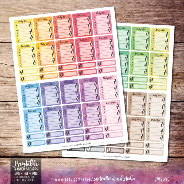 Daily Steps Printable Planner Stickers, Watercolor Daily Steps Stickers, Sidebar Planner Stickers, Erin Condren Planner, Cut File