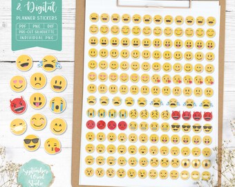 May include: A sheet of printable and digital planner stickers featuring a variety of yellow emoji faces with different expressions. The stickers are organized in rows and columns on a white background. The text "Printable & Digital Planner Stickers" is at the top of the sheet.