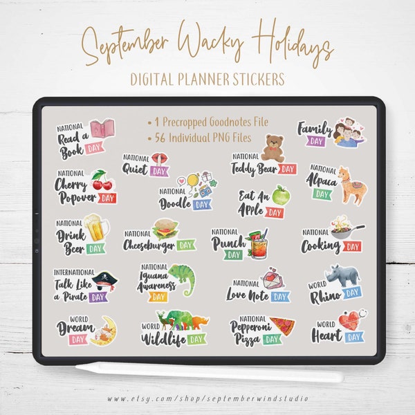 September Wacky Holidays Digital Planner Stickers, GoodNotes Stickers, Pre-cropped Digital Stickers