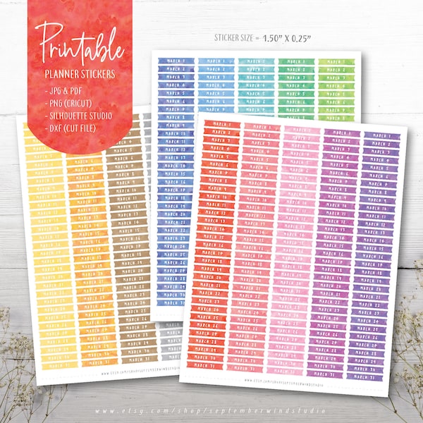 March Dates Printable Planner Stickers, Watercolor Stickers, Days of The Month Stickers, Date Stickers, Erin Condren Planner, Cut File