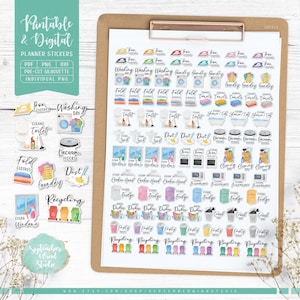 Adesivi per pianificatori digitali e stampabili per la pulizia, adesivi per faccende domestiche, PNG pretagliati, PDF stampabili, Silhouette Studio, Cricut