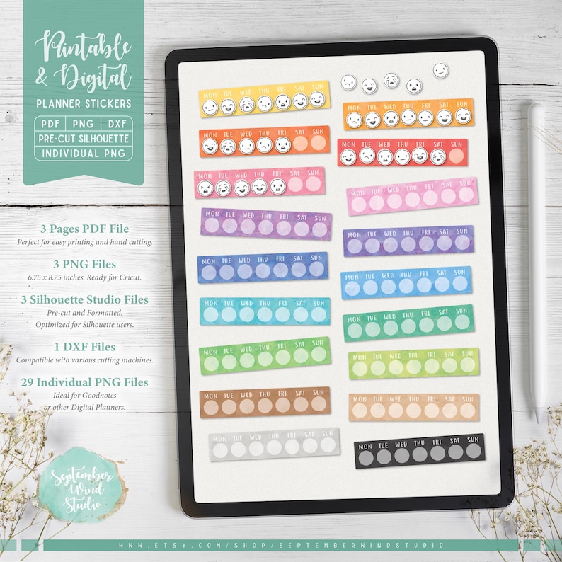 Weekly Mood Tracker Stickers: Printable & Digital (PDF, Cricut, Silhouette Studio, Pre-Cropped PNG for Goodnotes) image 2