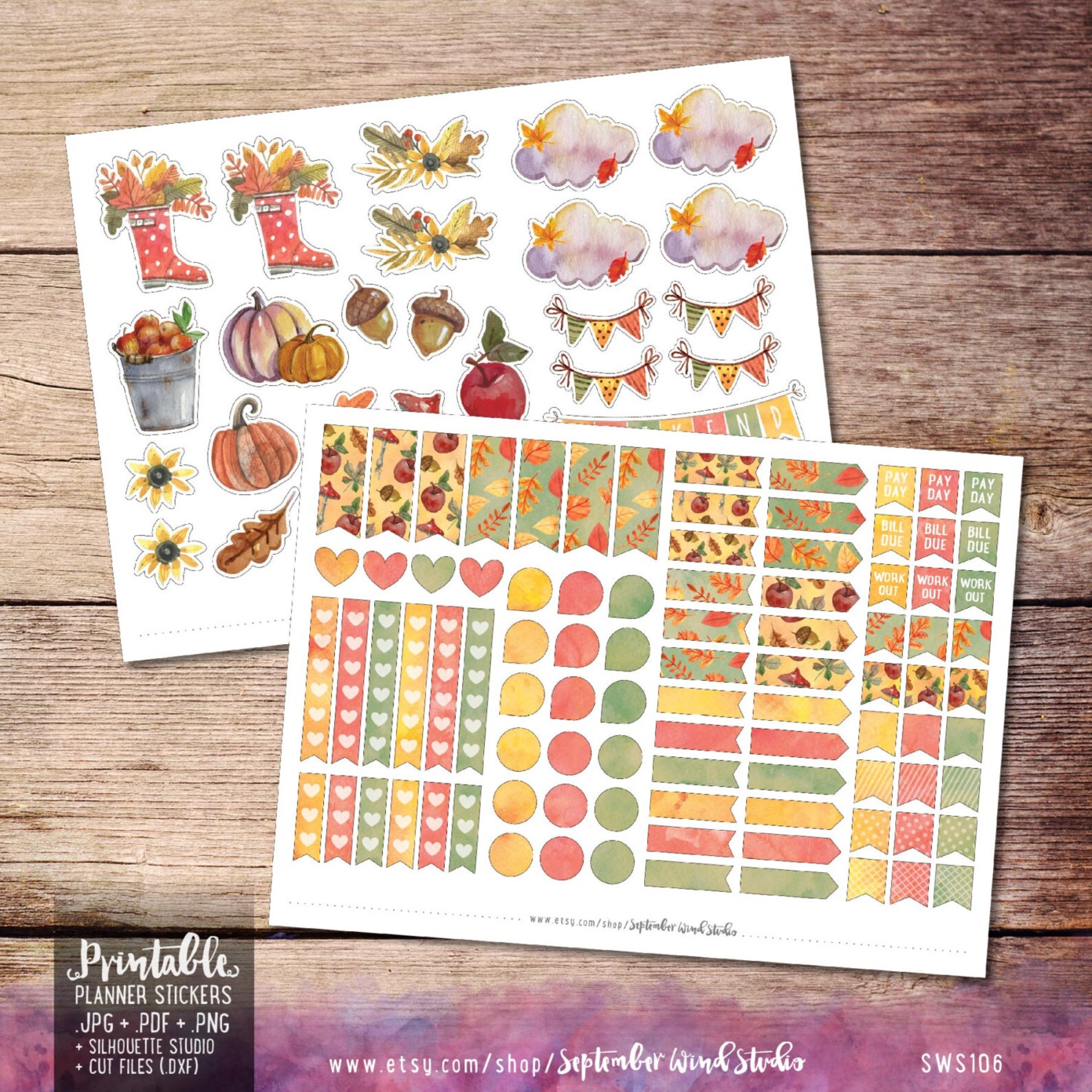 Autumn Printable Planner Stickers Watercolor Autumn Stickers - Etsy