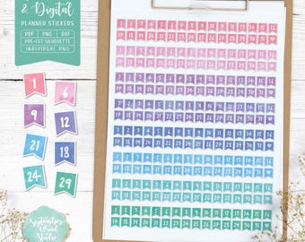 May include: A sheet of printable planner stickers with watercolor-style designs in shades of pink, purple, blue, and green. The stickers feature numbers 1 through 31, arranged in rows of 31. The stickers are designed for use in planners and journals.