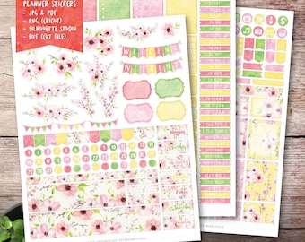 Pink Floral Printable Planner Stickers, Floral Weekly Kit Printable Stickers, Watercolor Stickers, Erin Condren Planner Stickers, Cut File