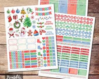 Christmas Printable Planner Stickers, Watercolor Christmas Stickers, Winter Printable Stickers, Printable Weekly Kit Stickers, Cut File