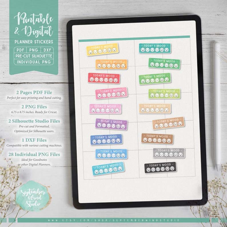 Mood Tracker Planner Stickers: Printable & Digital (PDF, Cricut, Silhouette Studio, Pre-Cropped PNG for Goodnotes) image 2