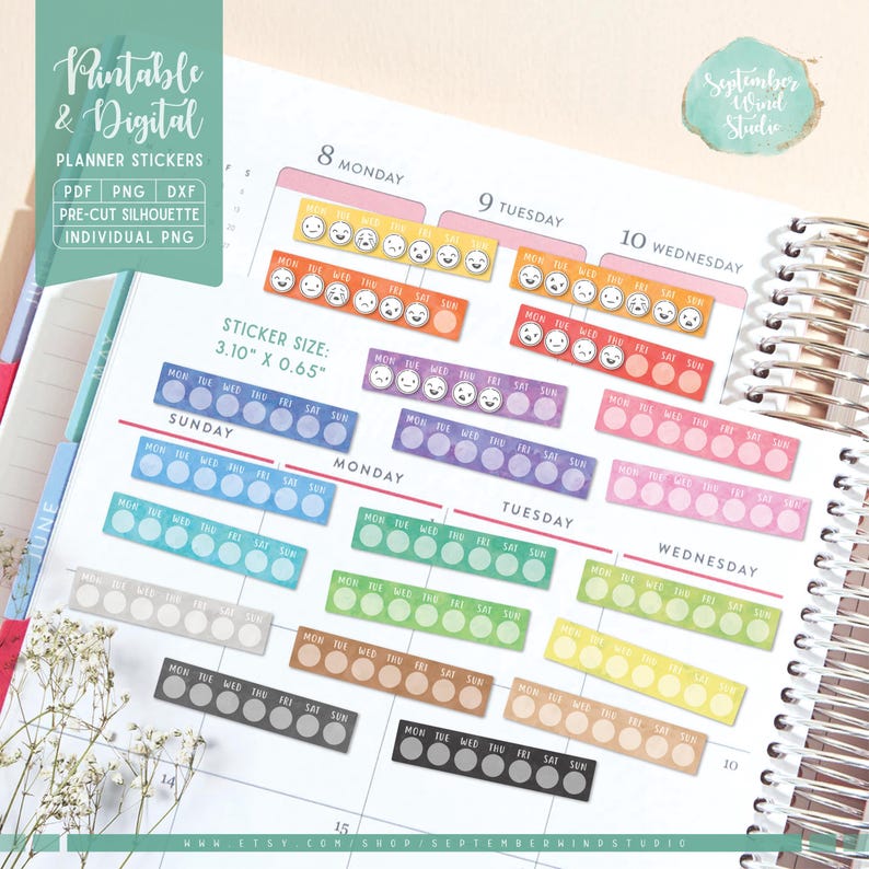 Weekly Mood Tracker Stickers: Printable & Digital (PDF, Cricut, Silhouette Studio, Pre-Cropped PNG for Goodnotes) image 3