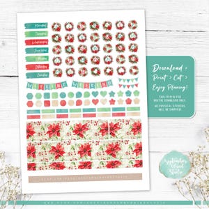2 Sheets Christmas Holiday Poinsettia Planner Stickers - Glitter Seals For Papercraft & Envelopes