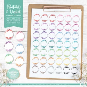 Pegatinas imprimibles de coronas de hojas, pegatinas digitales de coronas de hojas, corona de laurel, PNG precortado, archivos PDF, Silhouette y Cricut imprimibles