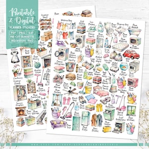 Puede incluir: Dos hojas de pegatinas de planificador imprimibles y digitales. Las pegatinas presentan ilustraciones en acuarela de productos de limpieza, artículos para el hogar y etiquetas de texto como "Washing Day" y "Clean Kitchen". La esquina superior izquierda tiene el texto "Printable & Digital".