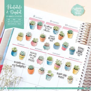 May include: A set of 20 printable planner stickers featuring watercolor illustrations of potted succulents with various sayings, including "Plants are my therapy!" and "Crazy Plant Guy".