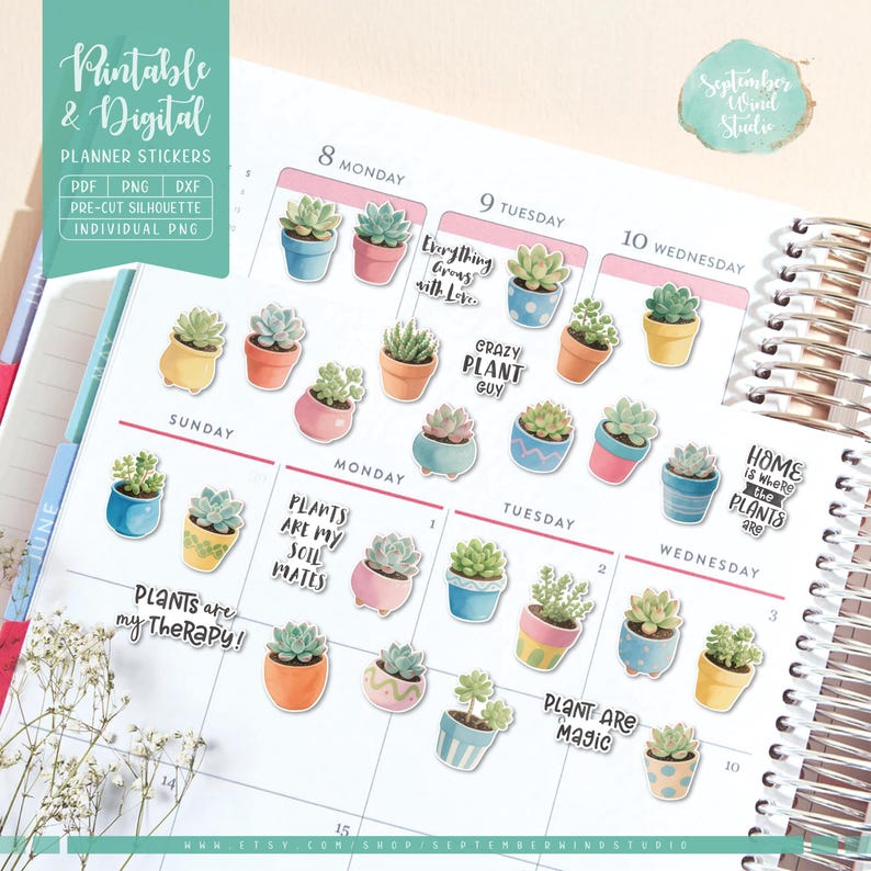 May include: A set of 20 printable planner stickers featuring watercolor illustrations of potted succulents with various sayings, including "Plants are my therapy!" and "Crazy Plant Guy".