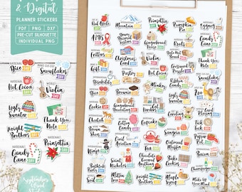 Naklejki na grudniowy planer świąteczny: do druku i w wersji cyfrowej (PDF, Cricut, Silhouette Studio, wstępnie przycięte pliki PNG dla Goodnotes)