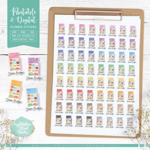 Puede incluir: Una hoja de pegatinas de planificador imprimibles con una ilustración colorida de un refrigerador con el texto "Clean Fridge". Las pegatinas están disponibles en una variedad de colores y diseños.