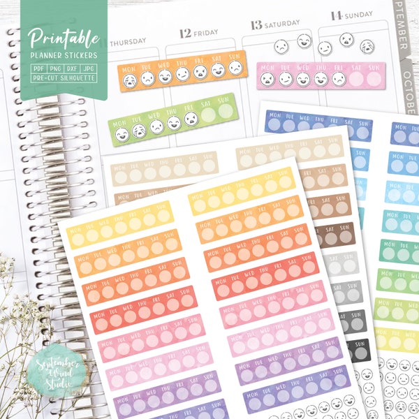 Weekly Mood Tracker Printable Planner Stickers, Watercolor Stickers, Mood Tracker, Erin Condren Planner Stickers, Cut File