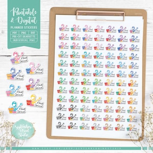 Op de afbeelding: Een vel bedrukbare planner stickers met een cartoon huishoudster die een emmer en een spons vasthoudt. De stickers zijn in verschillende kleuren en hebben de tekst "Maid Service" erop.