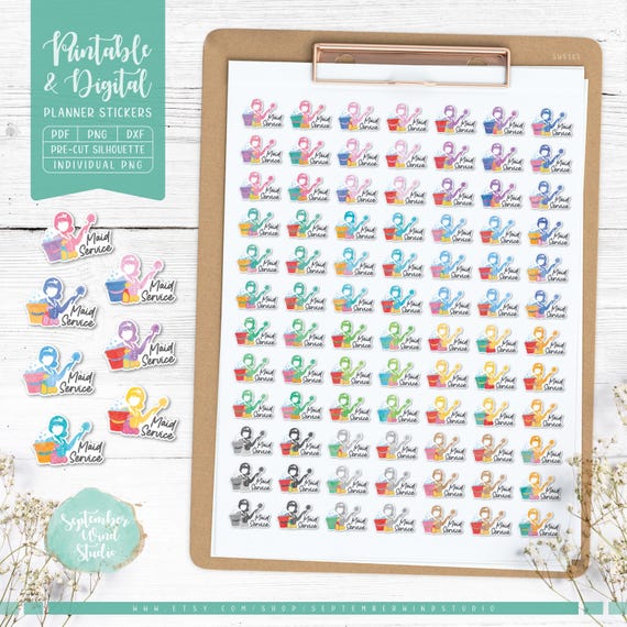 Maid Service Planner Stickers: Printable & Digital (PDF, Cricut, Silhouette Studio, Pre-Cropped PNG for Goodnotes)