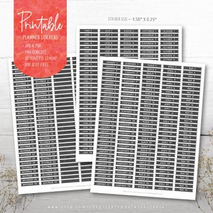Zwarte jaarlijkse data afdrukbare planner stickers, aquarel stickers, dagen van de week stickers, datum stickers, erin Condren planner, gesneden bestand
