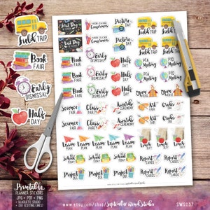 School Printable Planner Stickers, Watercolor School Stickers, Erin Condren Planner Stickers, Happy Planner image 2
