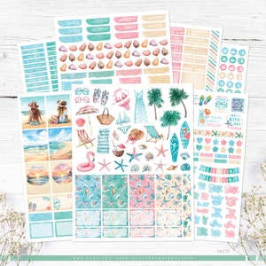 Summer Beach Printable Planner Stickers, Vertical Weekly Kit, Watercolor Beach Planner Stickers, For Erin Condren LifePlanner
