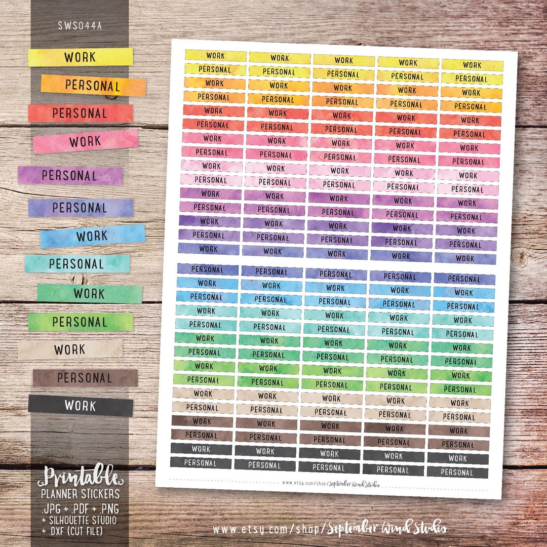 Work & Personal Printable Planner Stickers, Watercolor Stickers, Erin ...