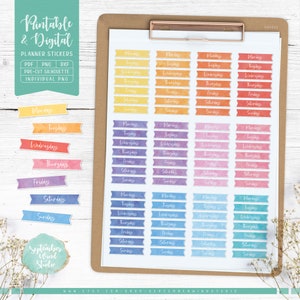 Days of the Week Printable Planner Stickers, Date Cover Planner Stickers, Watercolor Stickers, Erin Condren Planner Stickers