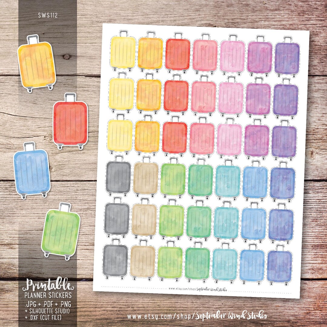 Luggage Printable Planner Stickers, Watercolor Luggage Stickers, Travel Planner Stickers, Erin