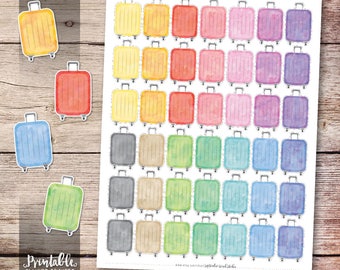 Luggage Printable Planner Stickers, Watercolor Luggage Stickers, Travel Planner Stickers, Erin Condren Planner Stickers, Cut File