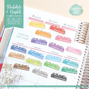 Puede incluir: Pegatinas de planificador coloridas con el texto "Take Out Trash" y un gráfico de bolsa de basura. Las pegatinas miden aproximadamente 3,8 cm x 1,3 cm y vienen en varios colores. La imagen también incluye el texto "Printable & Digital Planner Stickers".