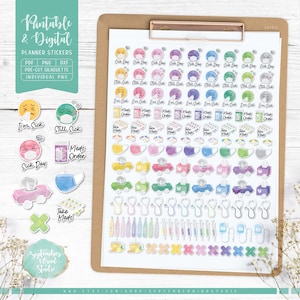 Afdrukbare plannerstickers ziektedag, digitale stickers ziektedag, medicijnenstickers, medicijnen bestellen, medicijnen innemen, voorgesneden png-bestand, afdrukbare pdf