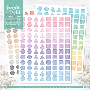 Puede incluir: Pegatinas de planificador imprimibles y digitales con diseños de acuarela. Las pegatinas presentan una variedad de formas, incluyendo hexágonos, triángulos, cuadrados y pancartas. Las pegatinas están disponibles en una variedad de colores, incluyendo rosa, morado, azul, verde, amarillo y naranja.