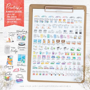 Cleaning Printable Planner Stickers, House Chores Planner Stickers, Cricut, Watercolor Stickers, Cut File