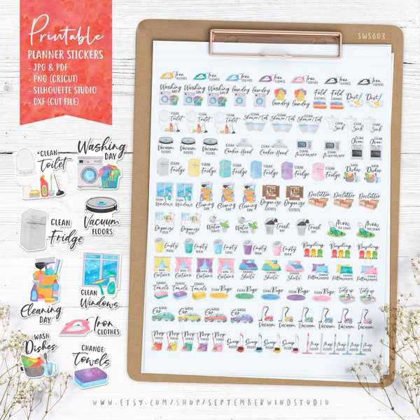 Cleaning Printable Planner Stickers, House Chores Planner Stickers, Cricut, Watercolor Stickers, Cut File