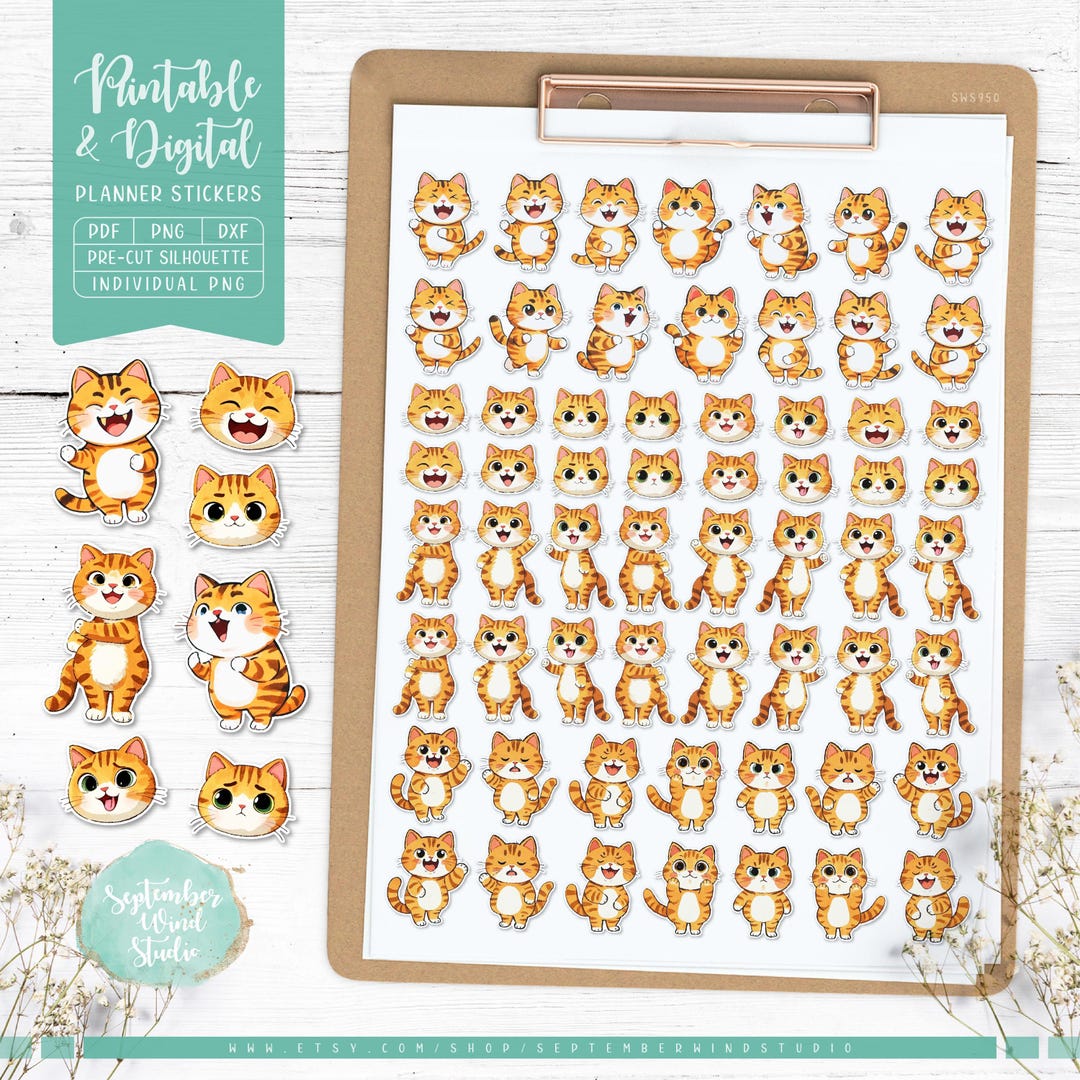 Cute Cat Printable & Digital Planner Stickers, Pre-cropped PNG ...