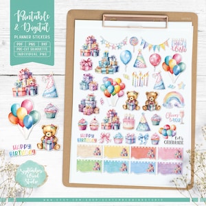 Birthay druckbare Planner Aufkleber, Aquarell Geburtstag Aufkleber, Erin Condren Planner Aufkleber, Cut-Datei