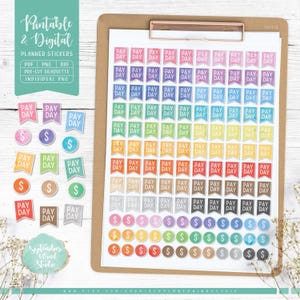 May include: A sheet of colourful planner stickers with watercolour designs. The stickers feature the text "Pay Day" in a variety of colours and styles, including banners, circles, and dollar signs.