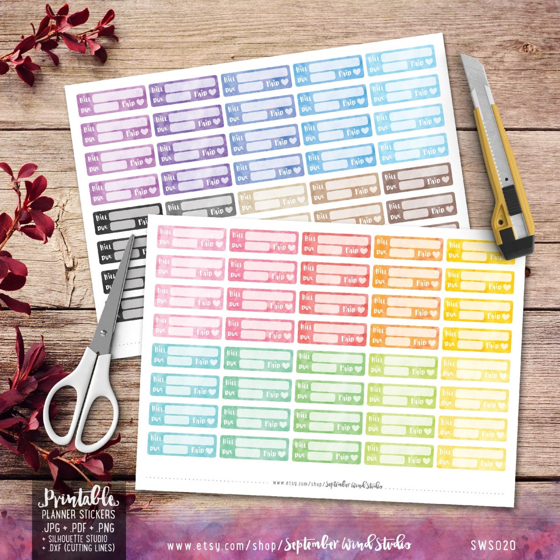 Bill Due Printable Planner Stickers Watercolor Bill Due - Etsy