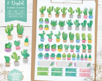 Naklejki do planera Cactus: do druku i w wersji cyfrowej (PDF, Cricut PNG, Silhouette Studio, wstępnie przycięte PNG dla Goodnotes)