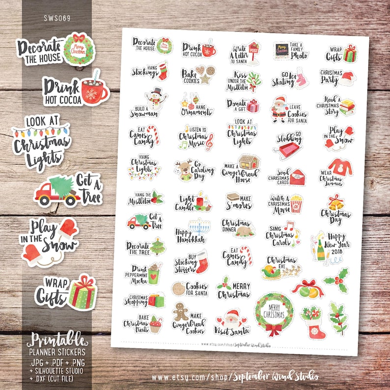 Christmas Bucket List Printable Planner Stickers, Watercolor Christmas Stickers, Christmas Printable Stickers, Cut File 