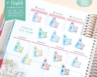 Drink More Water Planner Stickers: Printable & Digital (PDF, Cricut, Silhouette Studio, Pre-Cropped PNG for Goodnotes)