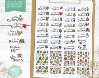May include: A set of printable Christmas planner stickers featuring a variety of designs, including days until Christmas, Christmas Eve, and Merry Christmas. The stickers are pre-cut and come in PDF, PNG, DXF, and JPG formats.