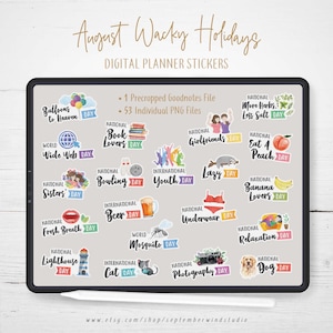 Agosto Wacky Holidays Digital Planner Stickers, GoodNotes Stickers, Pre-recortados Digital Stickers
